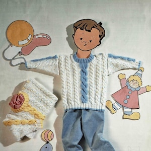 Toddlers and Childrens Two Tone Aran Cabled Sweater, Vintage Knitting Pattern, PDF, Digital Download - C166