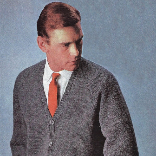 Mens Classic Raglan Sleeved V-Neck Cardigan, Vintage Knitting Pattern, PDF, Digital Download - A187
