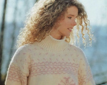 Ladies Pretty Sweater with Snowflakes and Fair Isle Band, Vintage Knitting Pattern, PDF, Digital Download - B763
