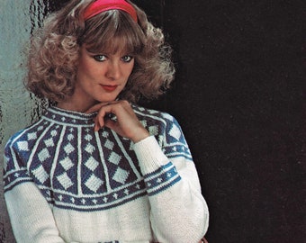 Ladies Fabulous Sweater with Diamond Pattern Fair Isle Yoke, Vintage Knitting Pattern, PDF, Digital Download - D553