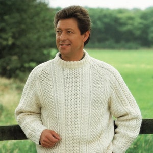 Mens Classic Aran Sweater with Raglan Sleeves and Round Neck, Vintage Knitting Pattern, PDF, Digital Download - B216