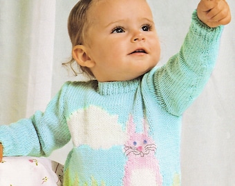 Söt tröja med stort kaninmotiv för bebisar och småbarn, vintage stickmönster, PDF, digital nedladdning - D371