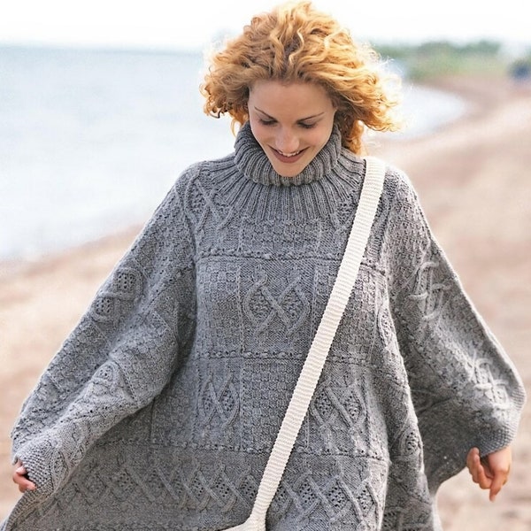 Ladies Fabulous Blanket Style Aran Poncho with Polo Neck and Matching Bag, Vintage Knitting Pattern, PDF, Digital Download - A243