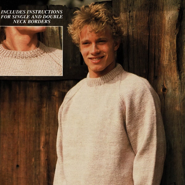 Mens Classic Round Neck Sweater with Raglan Sleeves in 4 Different Yarns, Vintage Knitting Pattern, PDF, Digital Download - B359