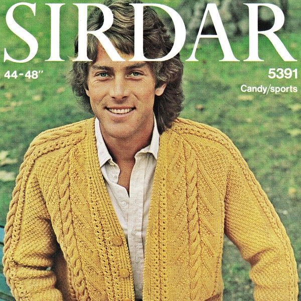 Mens Classic Aran Cardigan with Raglan Sleeves and V-Neck, Vintage Knitting Pattern, PDF, Digital Download - D219