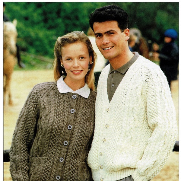 Ladies and Mens Classic Aran Raglan Cardigans with Round or V-Neck, Vintage Knitting Pattern, PDF, Digital Download - A404