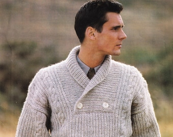 Suéter de canalé de pescador inteligente para hombre con paneles de cable y escote cruzado, patrón de punto vintage, PDF, descarga digital - D414