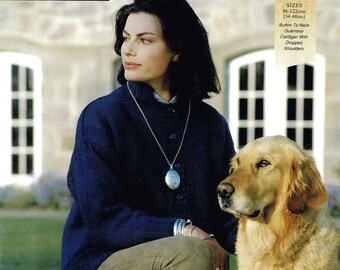 Guernsey-kofta med knappar och nedsänkta axlar i 2 olika garner, vintage stickmönster, PDF, digital nedladdning - B932