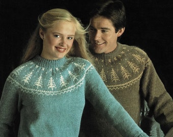 Ladies and Mens Lovely Fair Isle Sweater with Pine Tree Motifs, Vintage Knitting Pattern, PDF, Digital Download - B112