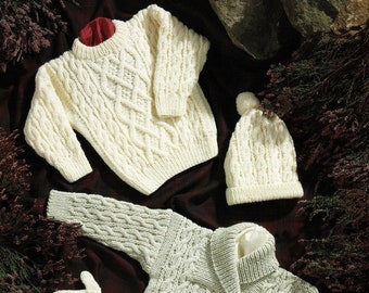 Babies, Toddlers and Childrens Aran Sweaters with Matching Hat and Mittens, Vintage Knitting Pattern, PDF, Digital Download - A353