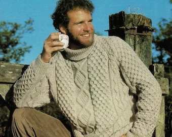 Mens Classic Aran Sweater with Raglan Sleeves and Roll Neck, Vintage Knitting Pattern, PDF, Digital Download - B825