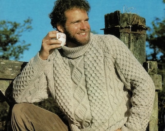 Klassisk Aran-tröja för män med raglanärmar och polokrage, vintage stickmönster, PDF, digital nedladdning - B825