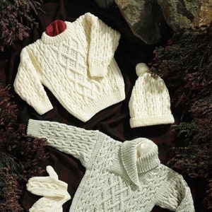 Babies, Toddlers and Childrens Aran Sweaters with Matching Hat and Mittens, Vintage Knitting Pattern, PDF, Digital Download - A353