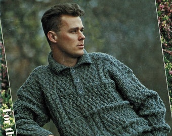 Snygg herrtröja i Aran-stil med pikétröja, vintage stickmönster, PDF, digital nedladdning - C380