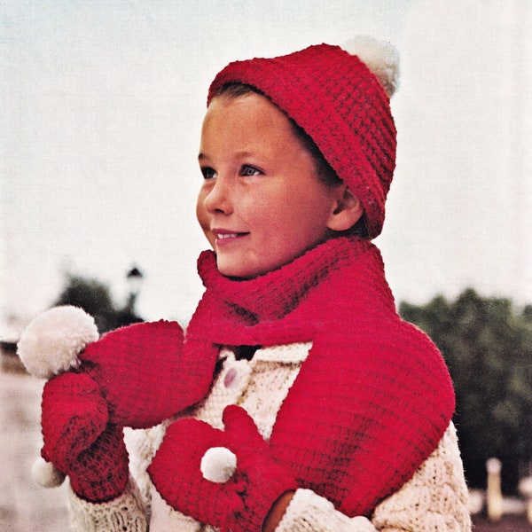 Bonnet, écharpe et mitaines confortables à motifs côtelés pour tout-petits et enfants, modèle de tricot vintage, PDF, téléchargement numérique - D364