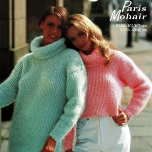 Ladies Mohair Fishermans Rib Sweaters in Two Lengths with Roll Collar, Vintage Knitting pattern, PDF, Digital Download - B363