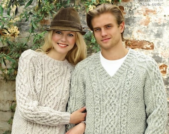 Family Aran Sweaters with Round Neck, V-Neck or Shirt Neck, Vintage Knitting Pattern, PDF, Digital Download - A650