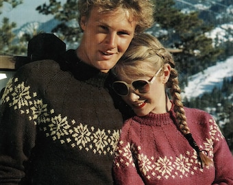 Ladies and Mens Lovely Fair Isle Sweater with Snowflake Motifs, Vintage Knitting Pattern, PDF, Digital Download - B457