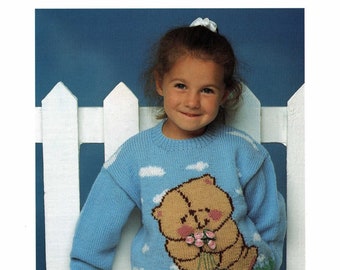 Toddlers and Girls Lovely Forever Friends Teddy Sweater with Posy, Vintage Knitting Pattern, PDF, Digital Download - B773