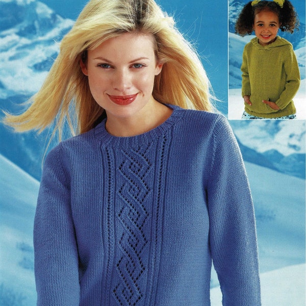 Ladies and Girls Round Neck Sweater with Lace Panel and Plain Hooded Sweater, Vintage Knitting Pattern, PDF, Digital Download - C815