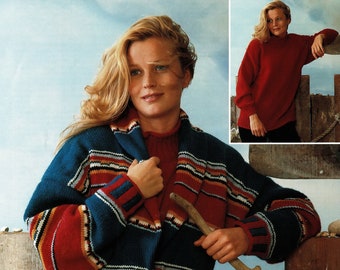 Ladies Aran Shawl Collar Striped Jacket and Plain Double Knit Sweater,  Vintage Knitting Pattern, PDF, Digital Download - B376