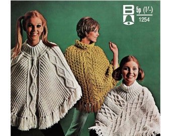 Three Fabulous Ladies Aran Ponchos, Vintage Knitting Pattern, PDF, Digital Download - C122