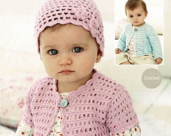 May include: A pink crocheted cardigan with a flower detail on the front. The cardigan is worn by a baby with a pink crocheted hat. The image includes the text "Birth to 7 years" and "Crochet".