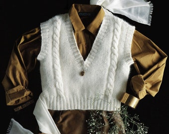 Ladies Deep V-Neck Moss Stitch Vest with Cable Panels, Vintage Knitting Pattern, PDF, Digital Download - B864