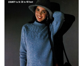 Ladies Sweater with Pretty Lace Patterned Round Yoke, Vintage Knitting Pattern, PDF, Digital Download - B677