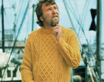 Klassisk Aran-tröja för män med raglanärmar och rund halsringning, vintage stickmönster, PDF, digital nedladdning - B296