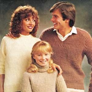 Classic Fishermans Rib Sweater for All the Family with a Choice of Three Necklines, Vintage Knitting Pattern, PDF, Digital Download - D401