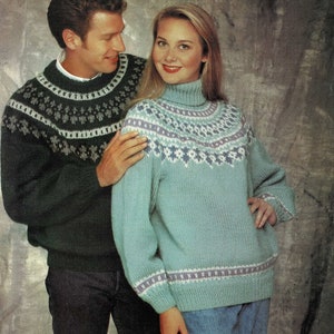 Ladies and Mens Traditional Nordic Fair Isle Sweater with Crew or Turtle Neck, Vintage Knitting Pattern, PDF, Digital Download - B578