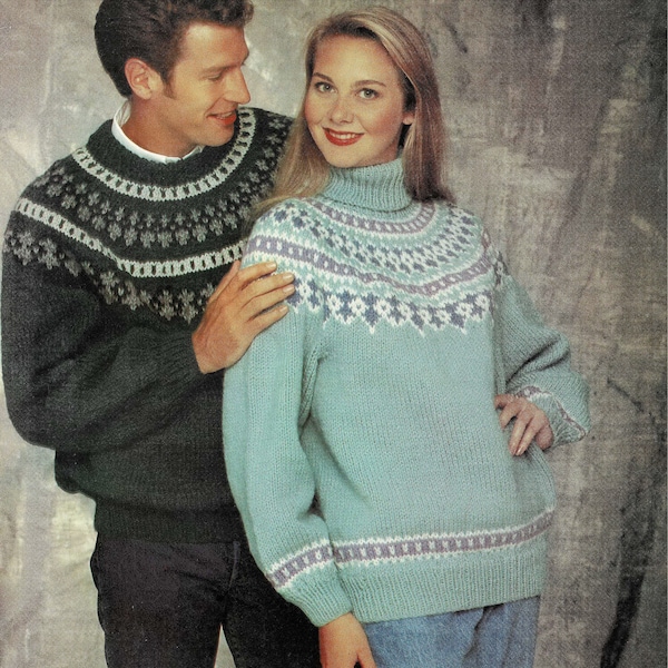 Ladies and Mens Traditional Nordic Fair Isle Sweater with Crew or Turtle Neck, Vintage Knitting Pattern, PDF, Digital Download - B578