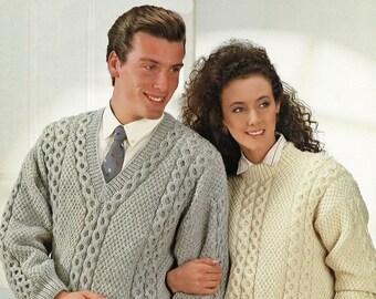 Ladies and Mens Aran Sweaters with Round or V Neck, Vintage Knitting Pattern, PDF, Digital Download - C972