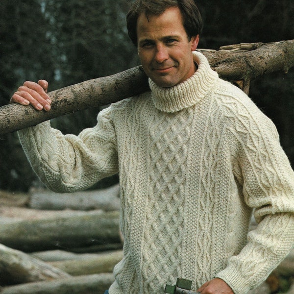 Mens Classic Aran Sweater with Raglan Sleeves and Roll Neck, Vintage Knitting Pattern, PDF, Digital Download - B267