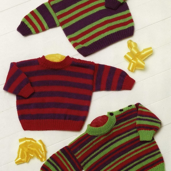 Suéteres a rayas "Easy Knit" para bebés y niños pequeños con abotonadura en los hombros, patrón de tejido vintage, PDF, descarga digital - B922
