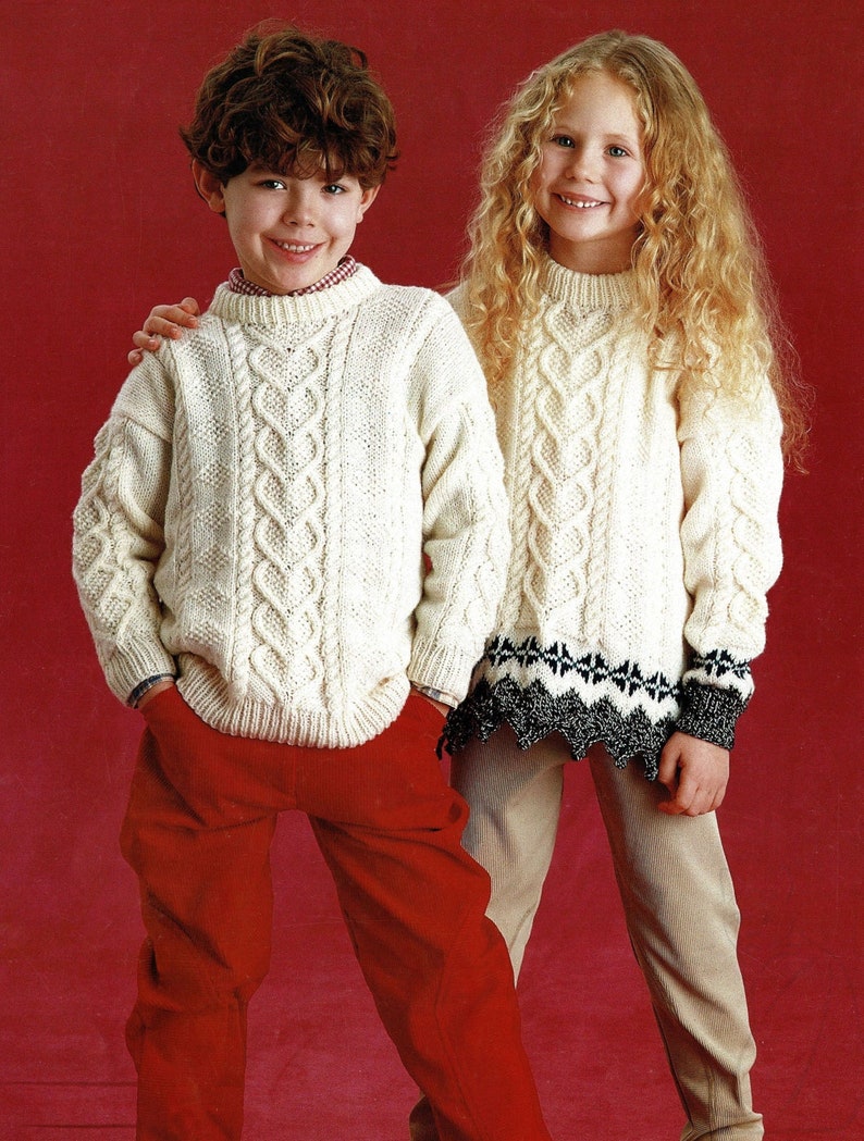 Digital Download Vintage Knitting Pattern PDF Childrens Round Neck Aran Sweater with Rib or Decorative Edging C362