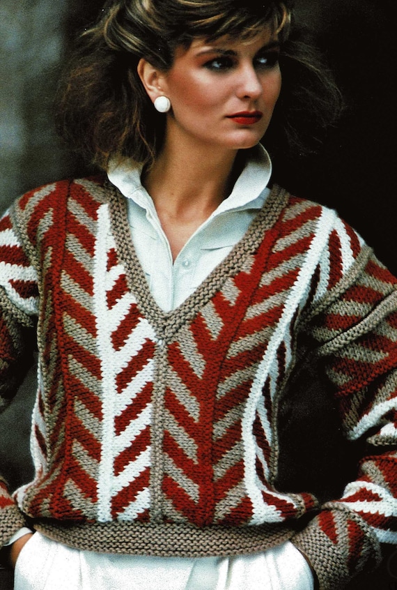 Ladies Fair Isle V-neck Sweater With Garter Stitch Bands, Vintage