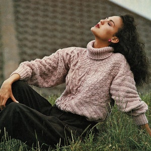 Ladies Fabulous Bulky Knit Patchwork Look Sweater with Polo Collar, Vintage Knitting Pattern, PDF, Digital Download - A193