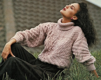 Ladies Fabulous Bulky Knit Patchwork Look Sweater avec col polo, modèle de tricot vintage, PDF, téléchargement numérique - A193