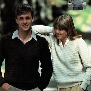 Ladies and Mens V or Round Neck Textured Sweater, Vintage knitting Pattern, PDF, Digital Download - A441