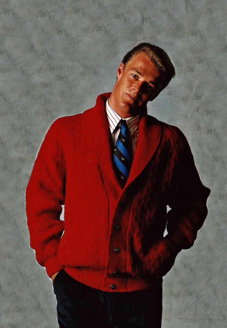 Mens Smart All Over Textured Cardigan with Shawl Collar, Vintage Knitting Pattern, PDF, Digital Download C210 image 1