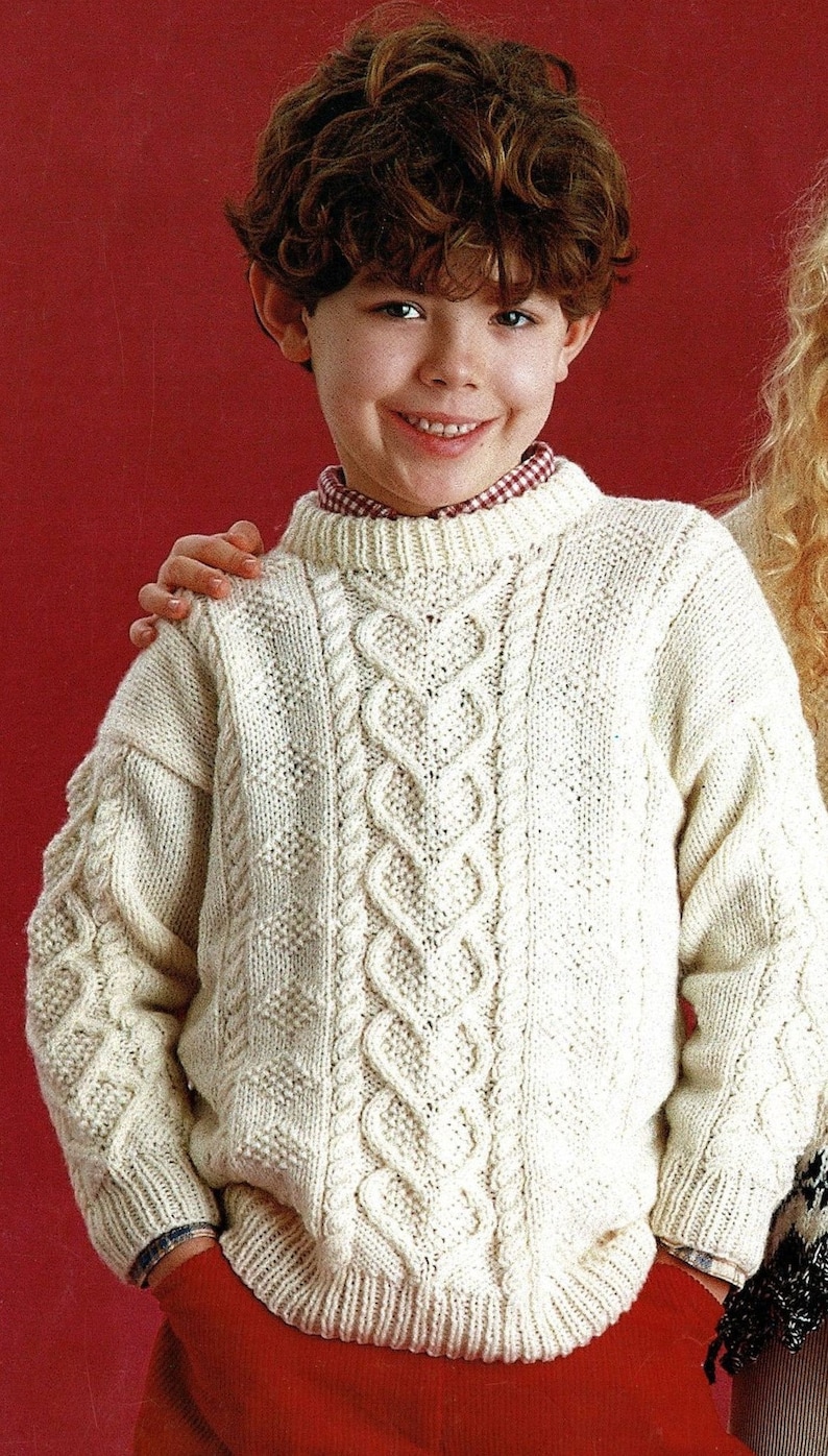 Digital Download Vintage Knitting Pattern PDF Childrens Round Neck Aran Sweater with Rib or Decorative Edging C362
