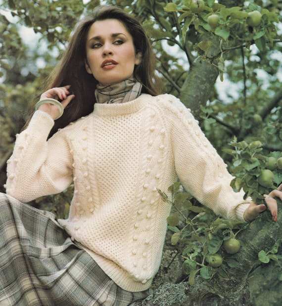 Ladies Stylish Aran Style Sweater, Vintage Knitting Pattern, PDF