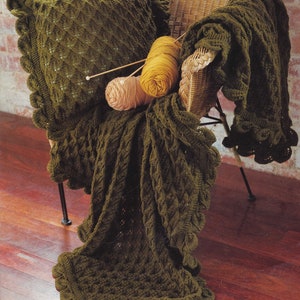 May include: A green knitted throw blanket with a crocheted border, draped over a wicker chair with a matching green knitted pillow. Two balls of yarn are on the chair, one yellow and one beige.