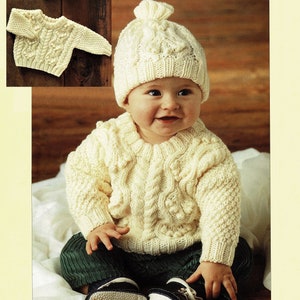 Babies and Toddlers Aran Sweater and Matching Hat, Vintage knitting Pattern, PDF, Digital Download - A702