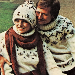 Ladies and Mens Nordic Style Fair Isle Sweaters and Matching Hat in Two Yarn Weights, Vintage Knitting Pattern, PDF, Digital Download - A917