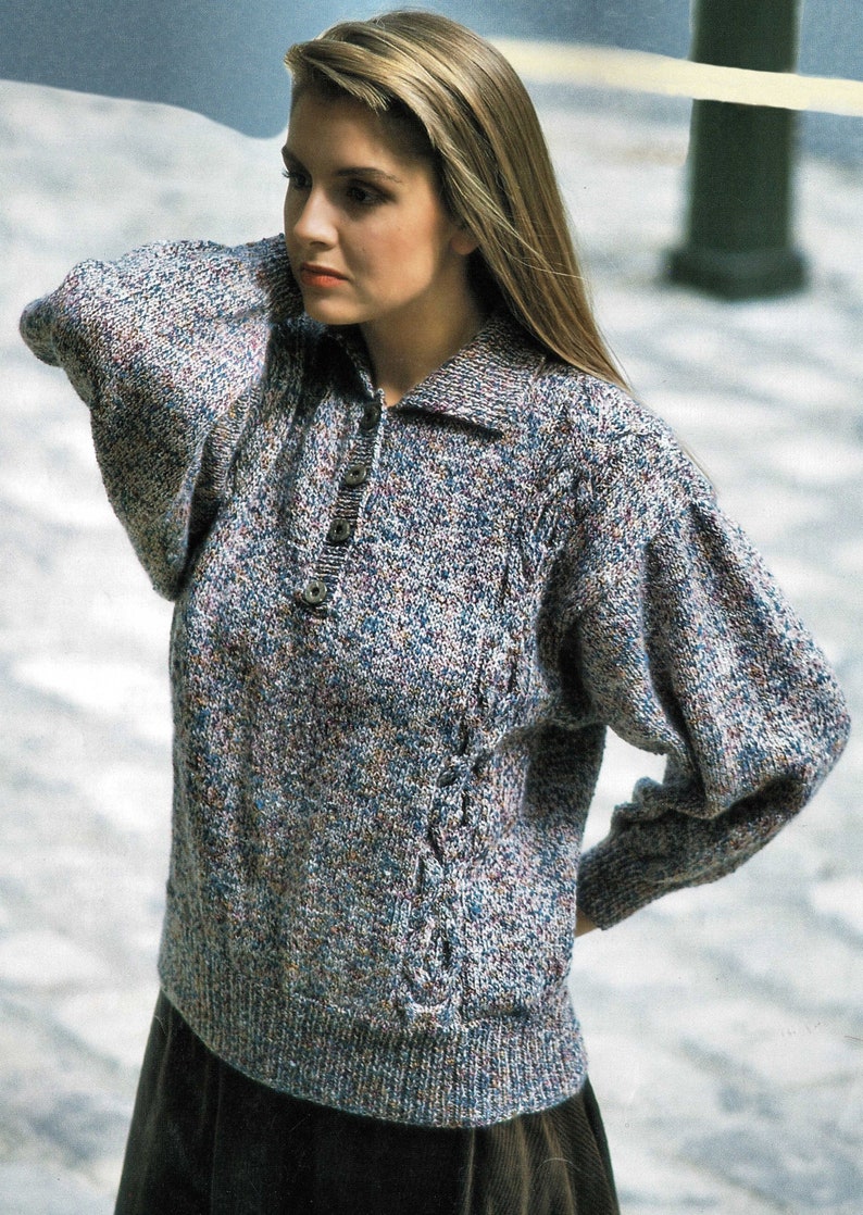 Ladies Polo Shirt Style Sweater with Cable Panels, Vintage Knitting Pattern, PDF, Digital Download C700 image 1