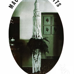 May include: A white macrame wall hanging with a waterfall design, hanging in a room with a plant and framed pictures. The title "MACRAME PORTRAITS" is at the top of the image and "WATERFALL" is at the bottom. The image is from "Shadows Patterns"