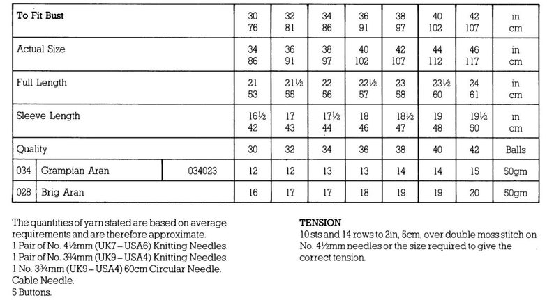 May include: A chart with instructions for knitting a sweater. The chart includes measurements for bust, actual size, full length, sleeve length, and yarn quantity. The yarn is available in two qualities: Grampian Aran and Brig Aran. The chart also includes tension instructions for knitting the sweater.